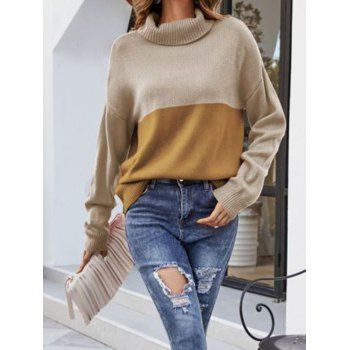 

Contrast Colorblock Sweater Pullover Turtleneck Drop Shoulder Long Sleeve Sweater, Deep yellow