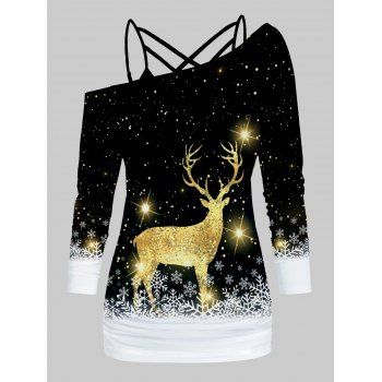 

Christmas Sparkly Elk Print Skew Collar Long Sleeve Top And Crisscross Adjustable Strap Camisole Set, Black