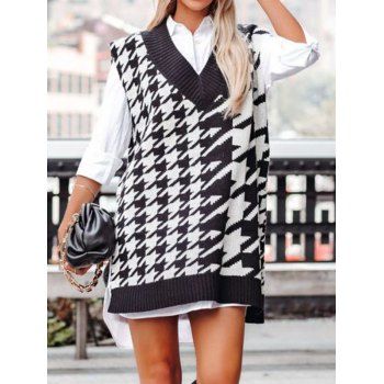 

Houndstooth Sweater Vest V Neck Pullover Long Sweater Vest, Black