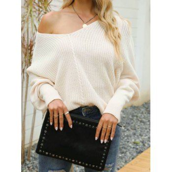 

Textured Sweater Plain Color Plunging Neck Long Sleeve Pullover Sweater, Light yellow
