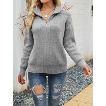 

Textured Sweater Zipper Plain Color Raglan Sleeve Pullover Sweater, Gray