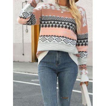 

Ethnic Style Sweater Tribal Pattern Round Neck Long Sleeve Pullover Sweater, Multicolor