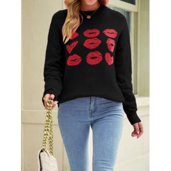 

Mouth Pattern Sweater Round Neck Long Sleeve Drop Shoulder Pullover Sweater, Black