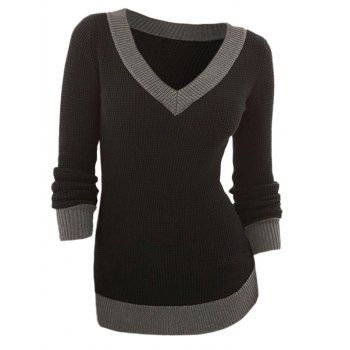 

Contrasting Textured Long Sleeve Knitwear Plunge Neck Ribbed Hem Knitted Top, Black