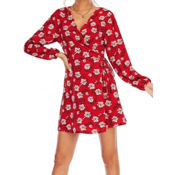 

Floral Allover Print Wrap Dress Long Sleeve Plunging Neck Mini Dress, Red