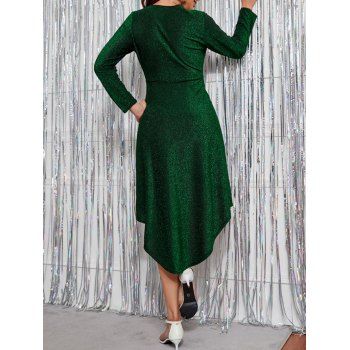 Glitter Party Dress Surplice Dress Plunging Neck High Waisted Long Sleeve High Low Midi Dress