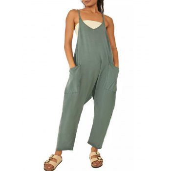 

Solid Color Wide Leg Jumpsuit Front Large Pockets Zipper Detail Overalls, Green