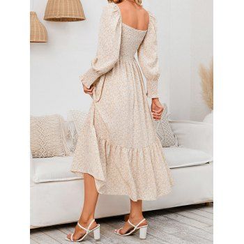 Vacation Dress Ditsy Flower Print Dress Flounce Shirred Long Sleeve High Waisted A Line Midi Dress