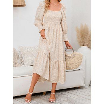 

Vacation Dress Ditsy Flower Print Dress Flounce Shirred Long Sleeve High Waisted A Line Midi Dress, Light yellow