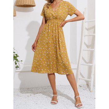 

Vacation Dress Flower Print Dress V Neck Surplice High Waisted A Line Midi Dress, Deep yellow