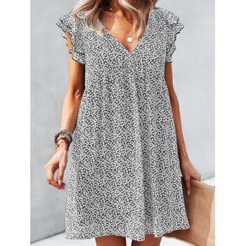 

Allover Ditsy Flower Print Dress Layered Sleeve V Neck High Waisted A Line Mini Dress, White