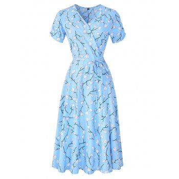 

Flower Print Dress Wrap Dress Tied V Neck Short Sleeve A Line High Waisted Midi Dress, Light blue