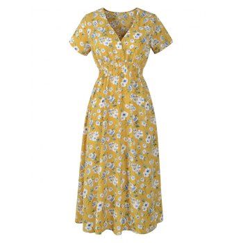 

Allover Floral Print Dress Surplice High Waisted Dress Plunging Neck A Line Midi Dress, Yellow