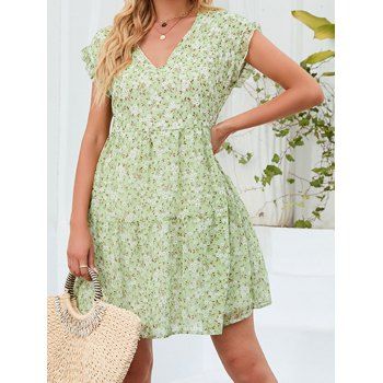 

Allover Floral Print Mini Dress V Neck Ruffles High Waist Cottagecore Dress, Light green