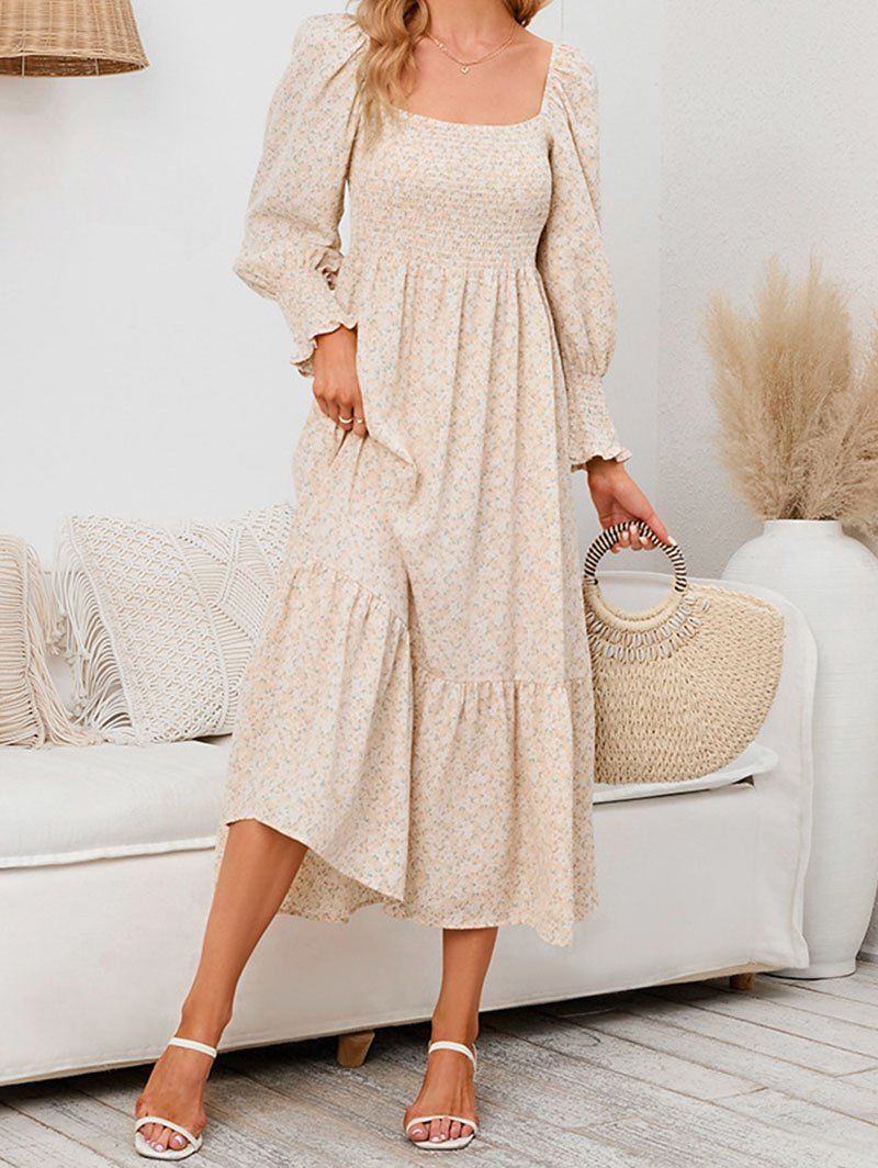 Vacation Dress Ditsy Flower Print Dress Flounce Shirred Long Sleeve High Waisted A Line Midi Dress - LIGHT YELLOW M