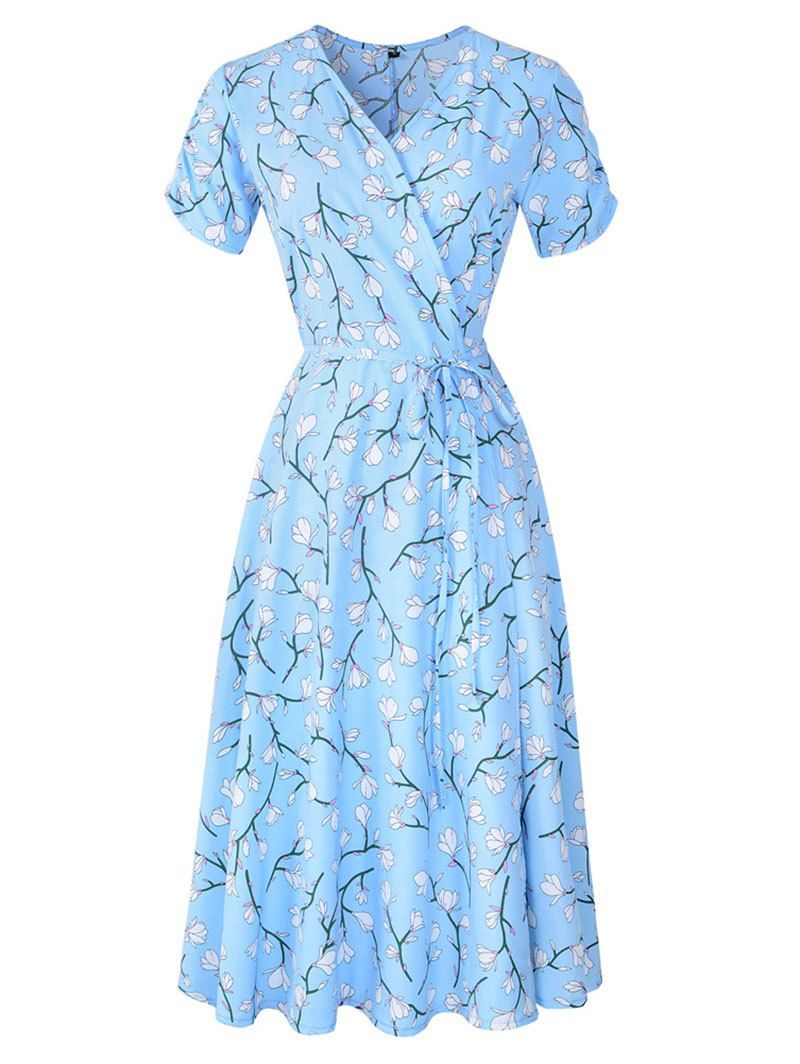 Flower Print Dress Wrap Dress Tied V Neck Short Sleeve A Line High Waisted Midi Dress - LIGHT BLUE M
