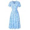 Robe Mi-Longue Ligne A Fleur Imprimée Manches Courtes à Col V - Bleu clair L