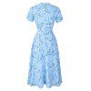 Flower Print Dress Wrap Dress Tied V Neck Short Sleeve A Line High Waisted Midi Dress - LIGHT BLUE L