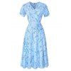 Flower Print Dress Wrap Dress Tied V Neck Short Sleeve A Line High Waisted Midi Dress - LIGHT BLUE XXL