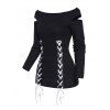 Haut Tricoté Découpé Pull-over en Deux Couleurs à Manches Longues à Lacets - Noir XL
