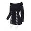 Haut Tricoté Découpé Pull-over en Deux Couleurs à Manches Longues à Lacets - Noir XL