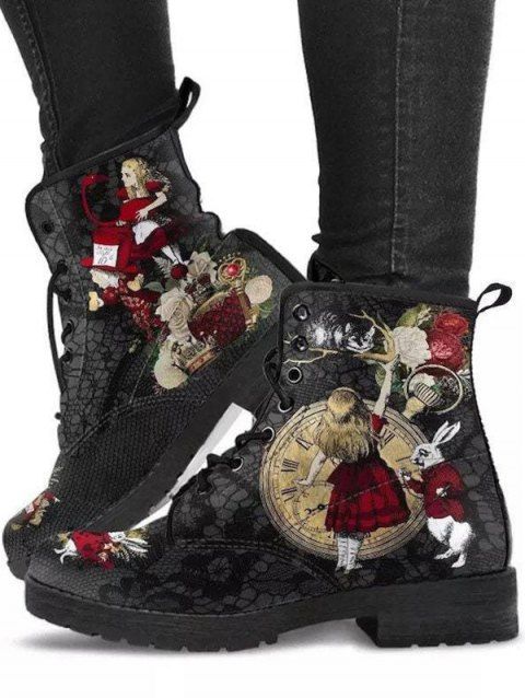 Flower Animal Pattern Lace Up Warm Ankle Boots