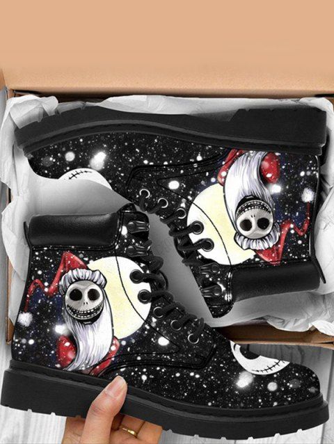 Cute Skull Sparkly Print Gothic Warm Fleece Liner Lace Up Boots