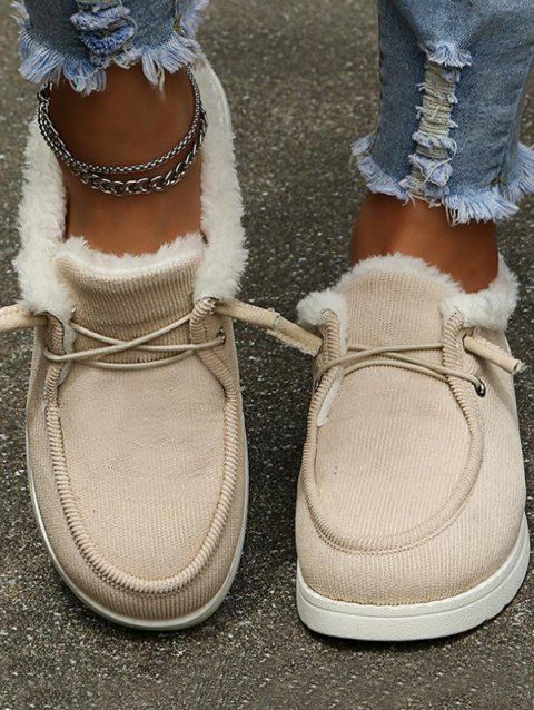 Warm Fluffy Liner Lace Up Textured Casual Flat Shoes