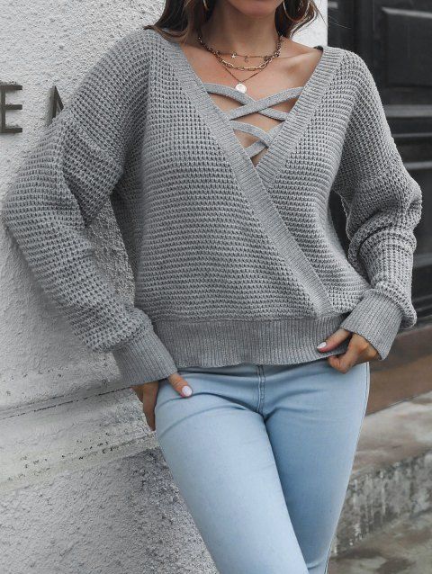 Textured Sweater Crisscross Plain Color Surplice Plunging Neck Long Sleeve Pullover Sweater