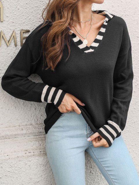 Contrasting Stripe V Neck Drop Shoulder Sweater