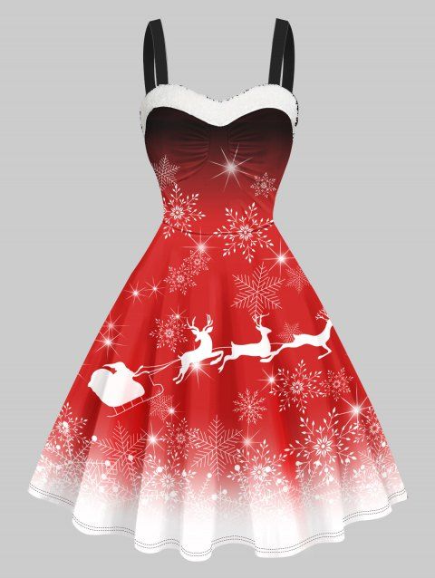 Faux Fur Panel Christmas Elk Snowflake Print Cami Dress Sleeveless Sweetheart Neck A Line Mini Dress