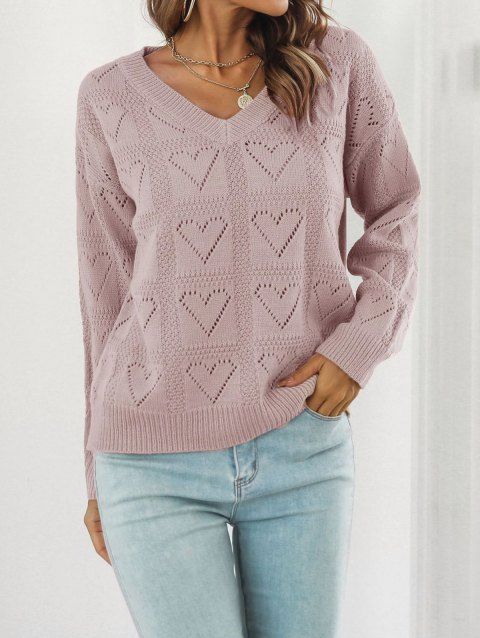 Heart Pattern Sweater Hollow Out Plain Color V Neck Long Sleeve Pullover Sweater
