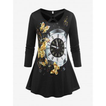 

Plus Size Butterfly Clock Print O Ring T-shirt, Black