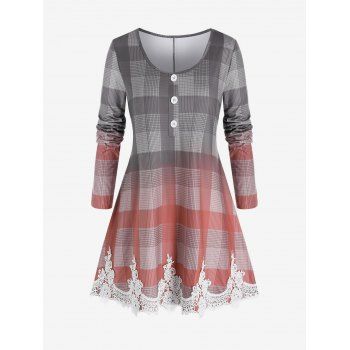 

Plus Size Plaid Ombre Applique Hem Long Sleeve Tee, Multicolor a