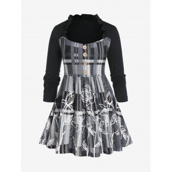 

Plus Size Plaid Flower Ruffled T-shirt, Black