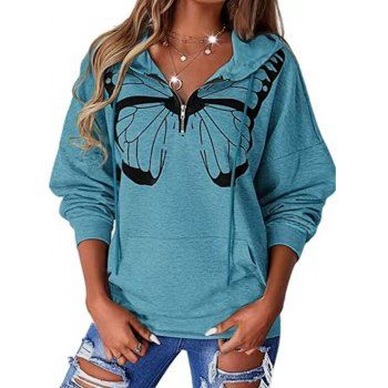 

Butterfly Print Hoodie Kangaroo Pocket Drawstring Zipper Long Sleeve Sweatshirt With Hood, Blue