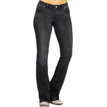 

Flare Jeans Topstitching Pockets Zipper Fly Long Denim Pants, Black