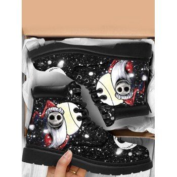 

Cute Skull Sparkly Print Gothic Warm Fleece Liner Lace Up Boots, Black