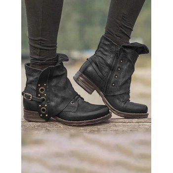 

Metal Details Solid Color Zip Up PU Ankle Boots, Black