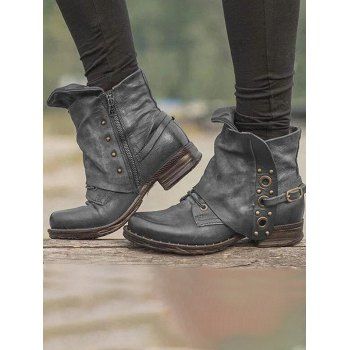 Metal Details Solid Color Zip Up PU Ankle Boots