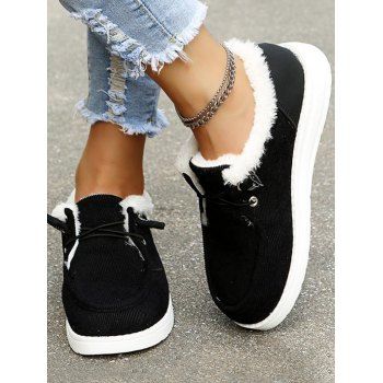 

Warm Fluffy Liner Lace Up Textured Casual Flat Shoes, Black