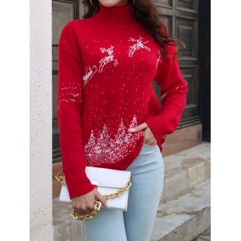 

Christmas Elk Snow Mountain Graphic Sweater Drop Shoulder Turtleneck Sweater, Red