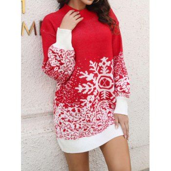 

Christmas Sweater Dress Snowflake Pattern Round Neck Long Sleeve Shift Mini Sweater Dress, Red