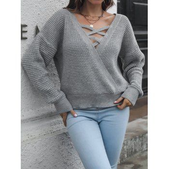 

Textured Sweater Crisscross Plain Color Surplice Plunging Neck Long Sleeve Pullover Sweater, Gray