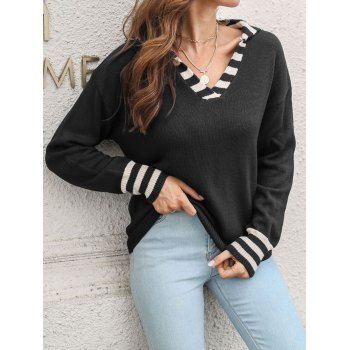 

Contrasting Stripe V Neck Drop Shoulder Sweater, Black
