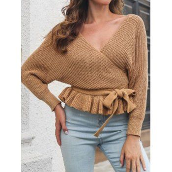 

Textured Sweater Surplice Cut Out Belted Flounce Plunging Neck Long Sleeve Pullover Sweater, Light coffee