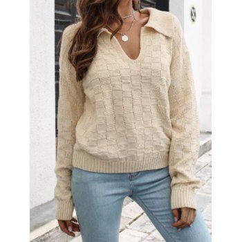 

Plaid Pattern Textured Sweater V Notched Turn Down Collar Long Sleeve Pullover Sweater, Light yellow