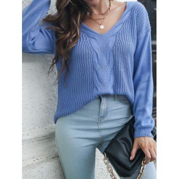 

Drop Shoulder Twisted Cable Knit V Neck Solid Color Sweater, Blue