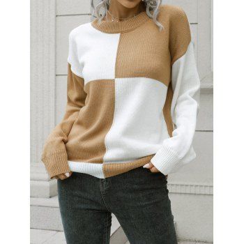 

Contrast Colorblock Sweater Round Neck Long Sleeve Pullover Sweater, Light coffee
