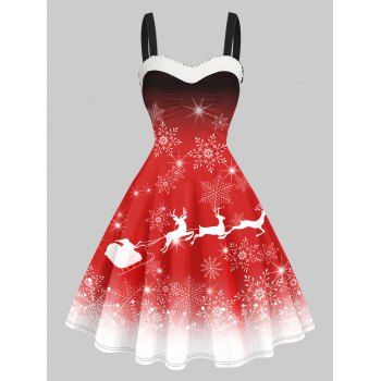 

Faux Fur Panel Christmas Elk Snowflake Print Cami Dress Sleeveless Sweetheart Neck A Line Mini Dress, Red